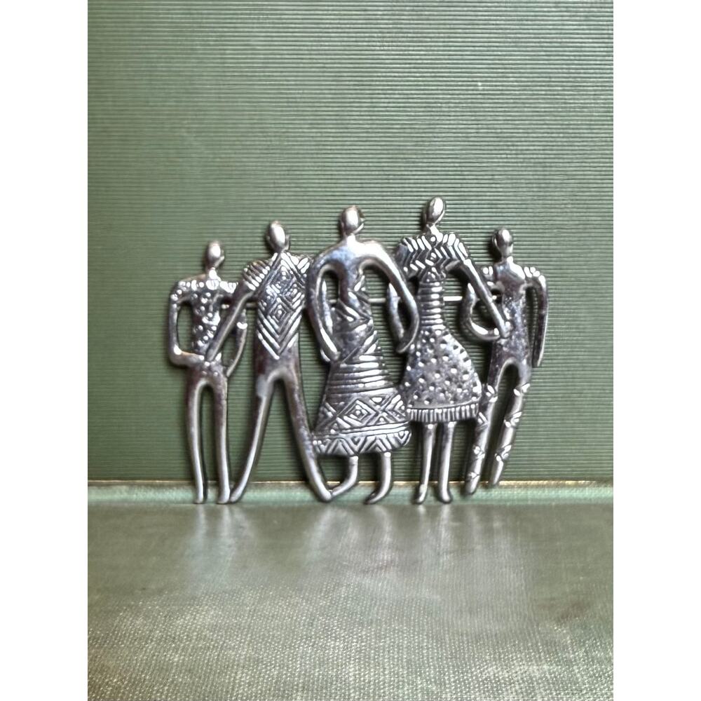 Laurel Burch Silver‑Tone Unity Figures Brooch – Signed – 3.5”